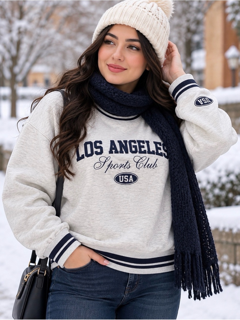 Charlotte Russe Cream Pullover Sweatshirt with Navy Trim